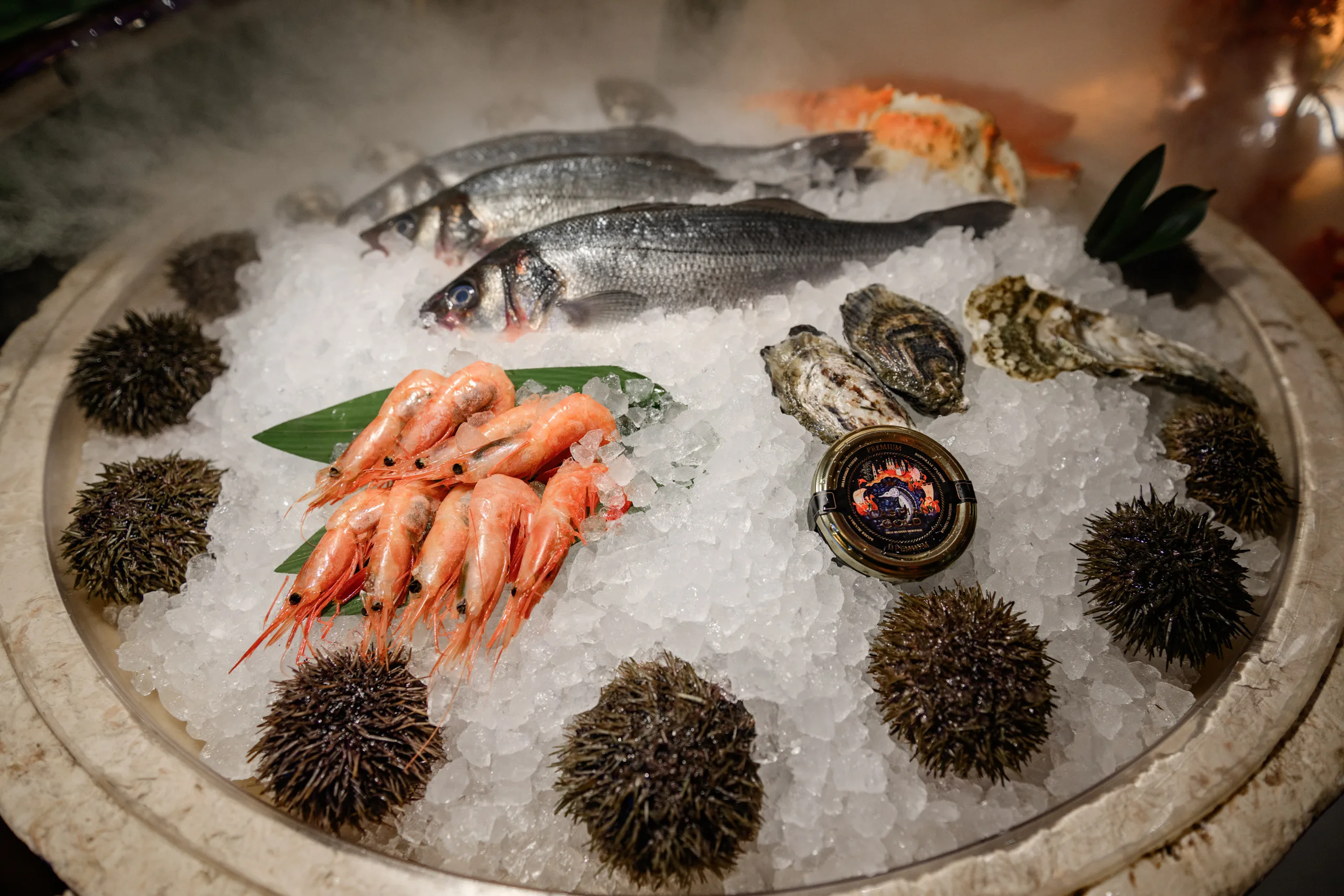 Морепродукты на льду: рыба, креветки и морские ежи